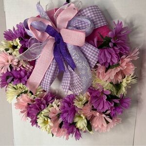Spring Floral Wreath with Purple and Pink Bow - Home Holiday